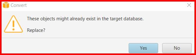 Picture showing the confirmation message of the convert schema option